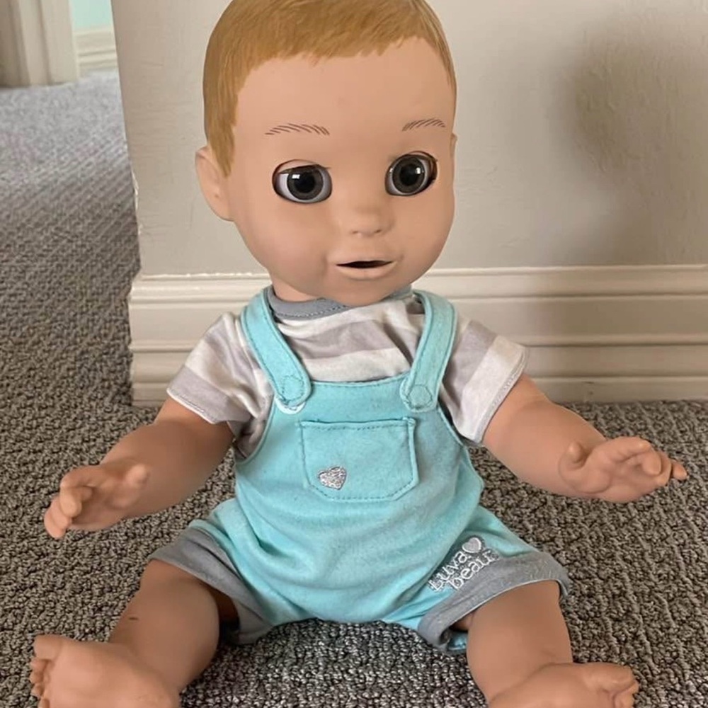 LUVABELLA Blue Overalls Baby Doll with Striped Tee